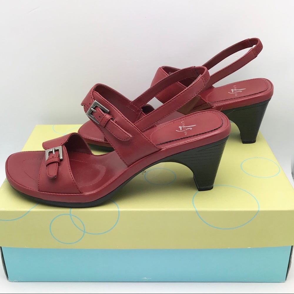 NOT FOR SALE - 
Life Stride Red Sandal with buckle and ankle strap, sz 6.5